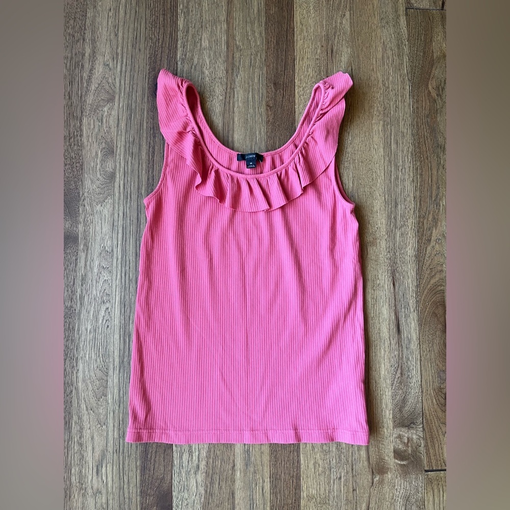 NWT J. Crew Pink‎ Ruffle Ribbed Tank Top Women’s Sz M Summer Casual Vacation - Picture 2 of 8